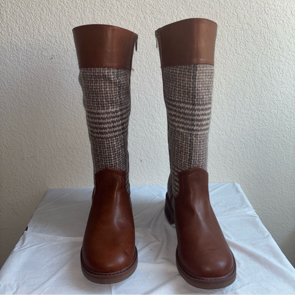Yellow Box Brown Vegan Leather and plaid Women's Mid Calf Boots Size 8.5